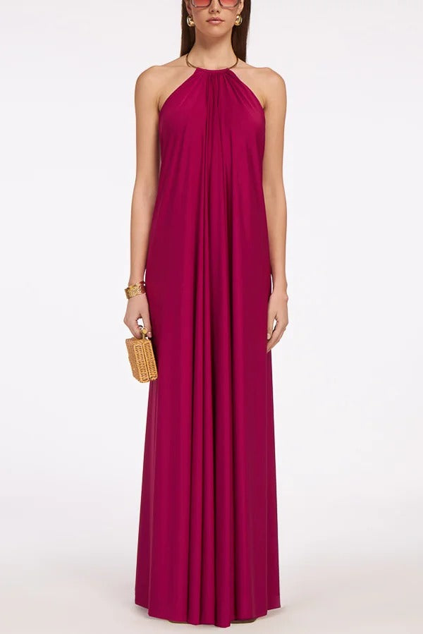 Solid Color Resort Style Halter Neck Open Back Large Hem Maxi Dress