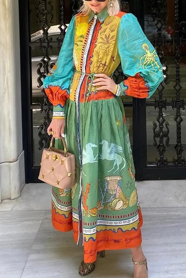 Puts A Smile – Midikleid mit einzigartigem Print, Revers und Laternenärmeln sowie Taillenschnürung