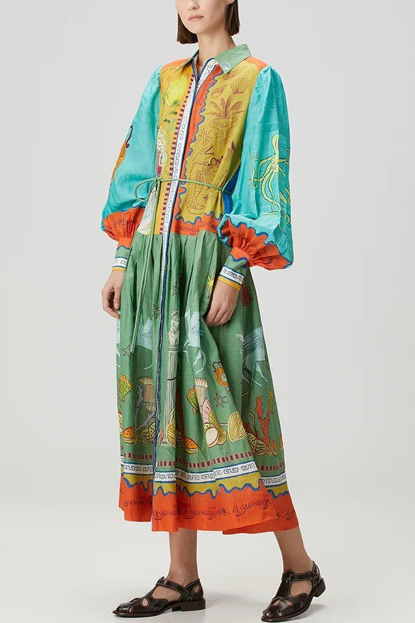Puts A Smile – Midikleid mit einzigartigem Print, Revers und Laternenärmeln sowie Taillenschnürung