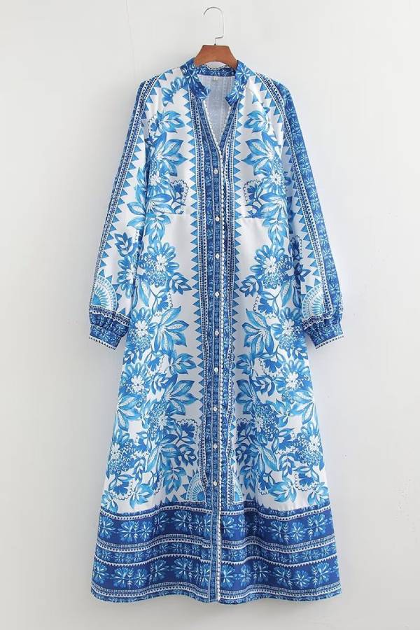 Unique Print Button Down Long Sleeve Shirt Maxi Dress