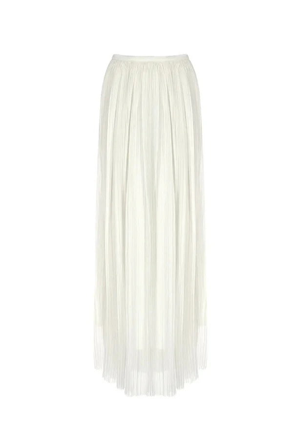 A White Summer Dream Chiffon Pleated High Rise Elastic Waist Maxi Skirt