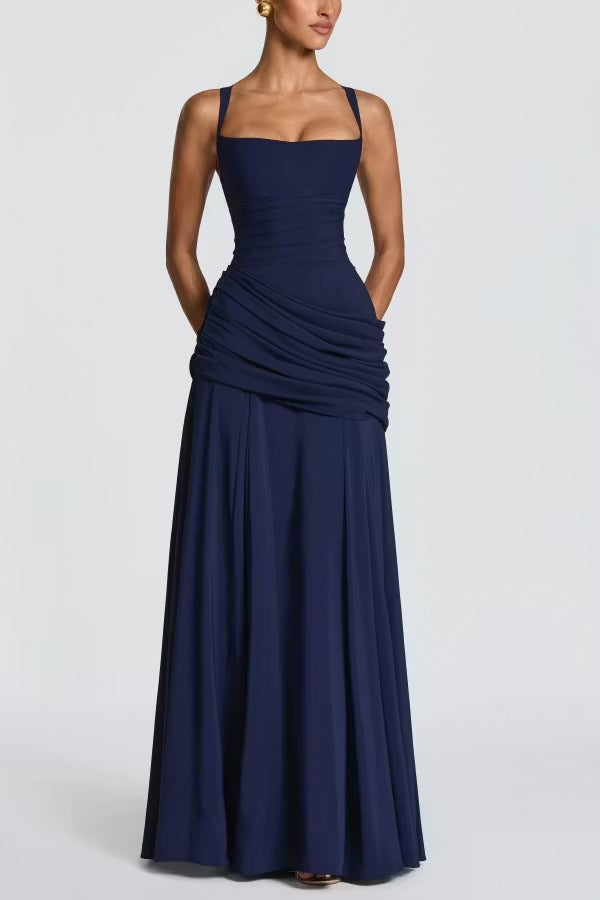 Stylish Spaghetti Strap Square Neck Slim-fit Elegant Pleated Maxi Dress