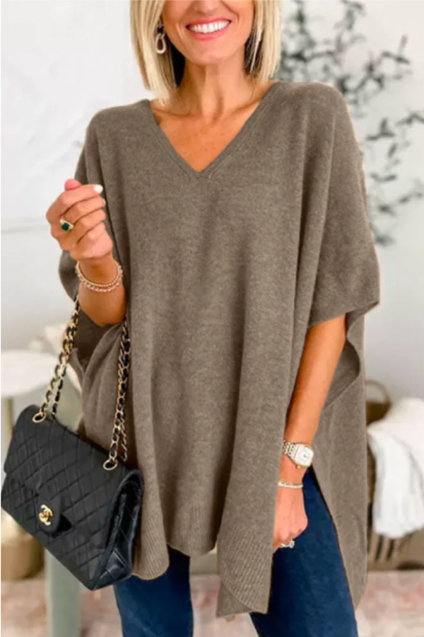 V Neck Loose Fit Solid Poncho Sweater