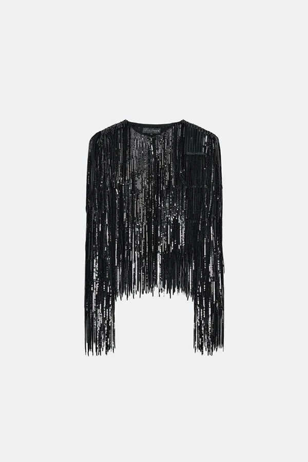 Party Crasher Layered Sequined Tassels Long Sleeve Loose Jacket