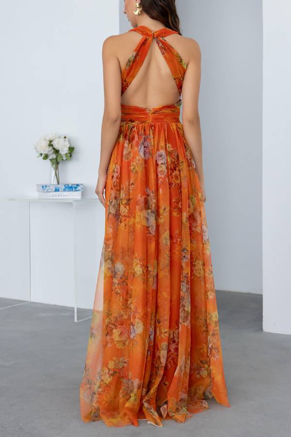 Autumn Romantic Floral Tulle Twist Detail Backless Slit Formal Maxi Dress