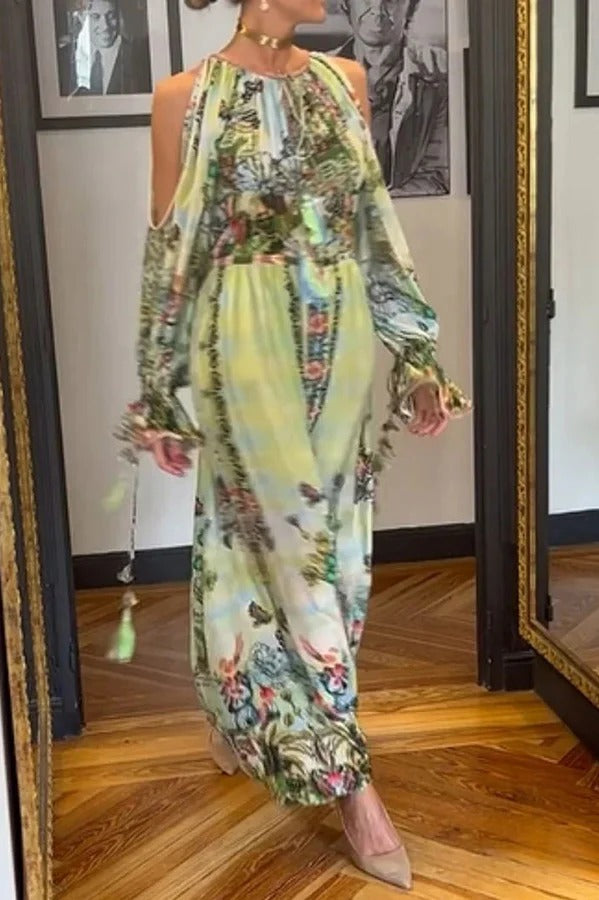 Like Poetry Like Scenery Unique Print Slit Lantern Sleeve Tassle Maxi Dress