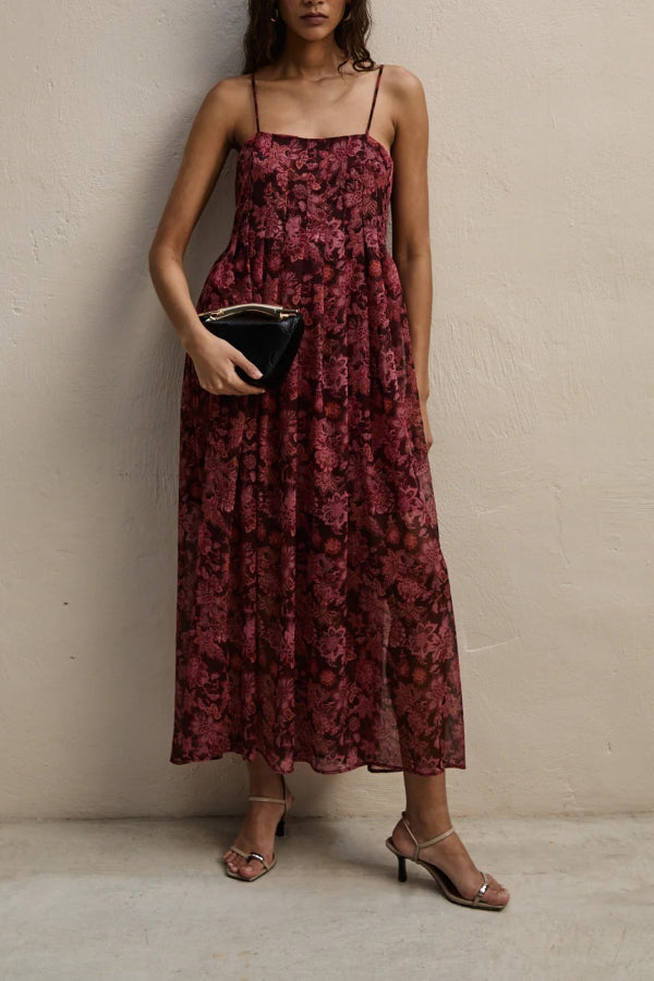 Unique printed straight neckline pleat Strap midi dress