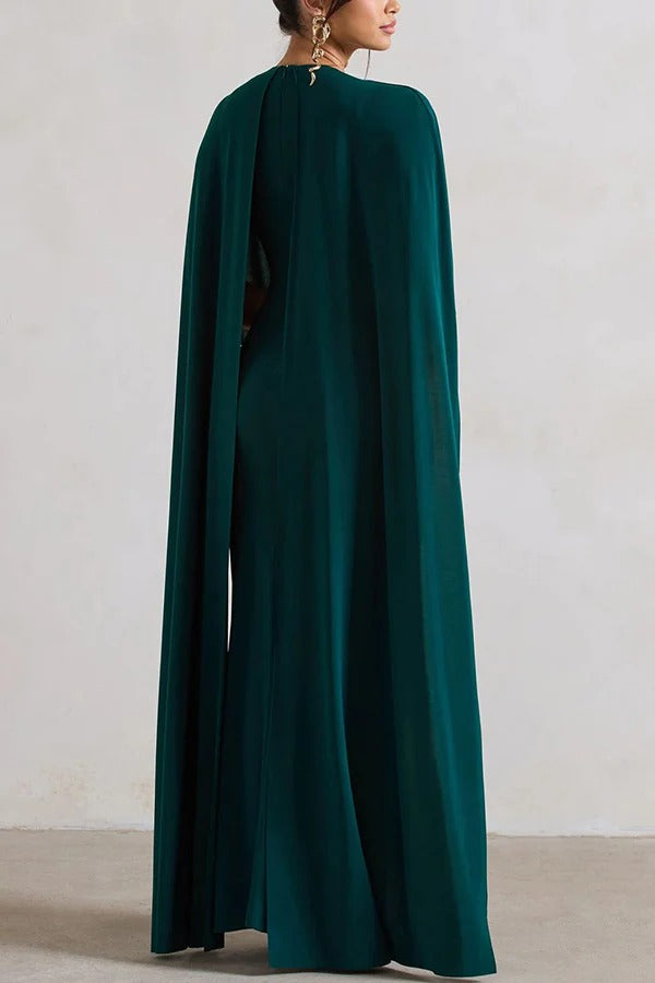 Charming Look Crew Neck Cape Sleeve Stretch Maxi Dress