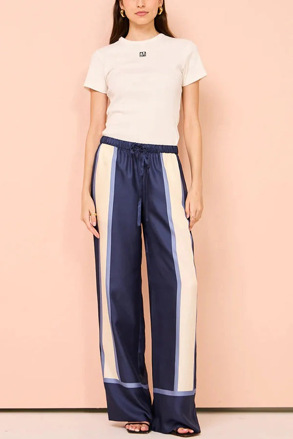 Conceptually Chic Satin Geometric Print Elastic Waist Pocketed Wide Leg Pants