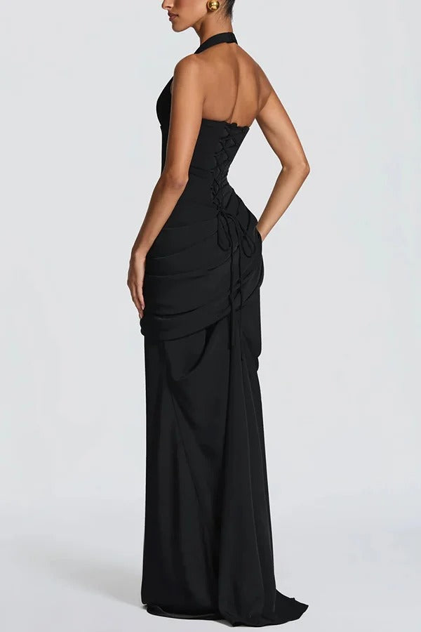 Nehemia Halter V-neck Back Lace-up Asymmetric Pleated Panel Drapes Maxi Dress