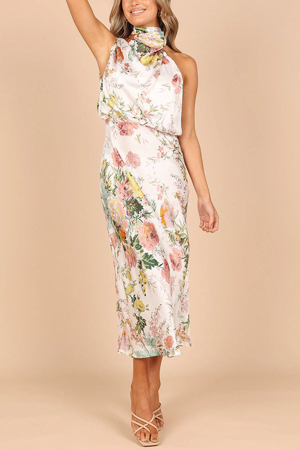 Wine Country Dates Floral Halter Neck Elastic Waist Maxi Dress