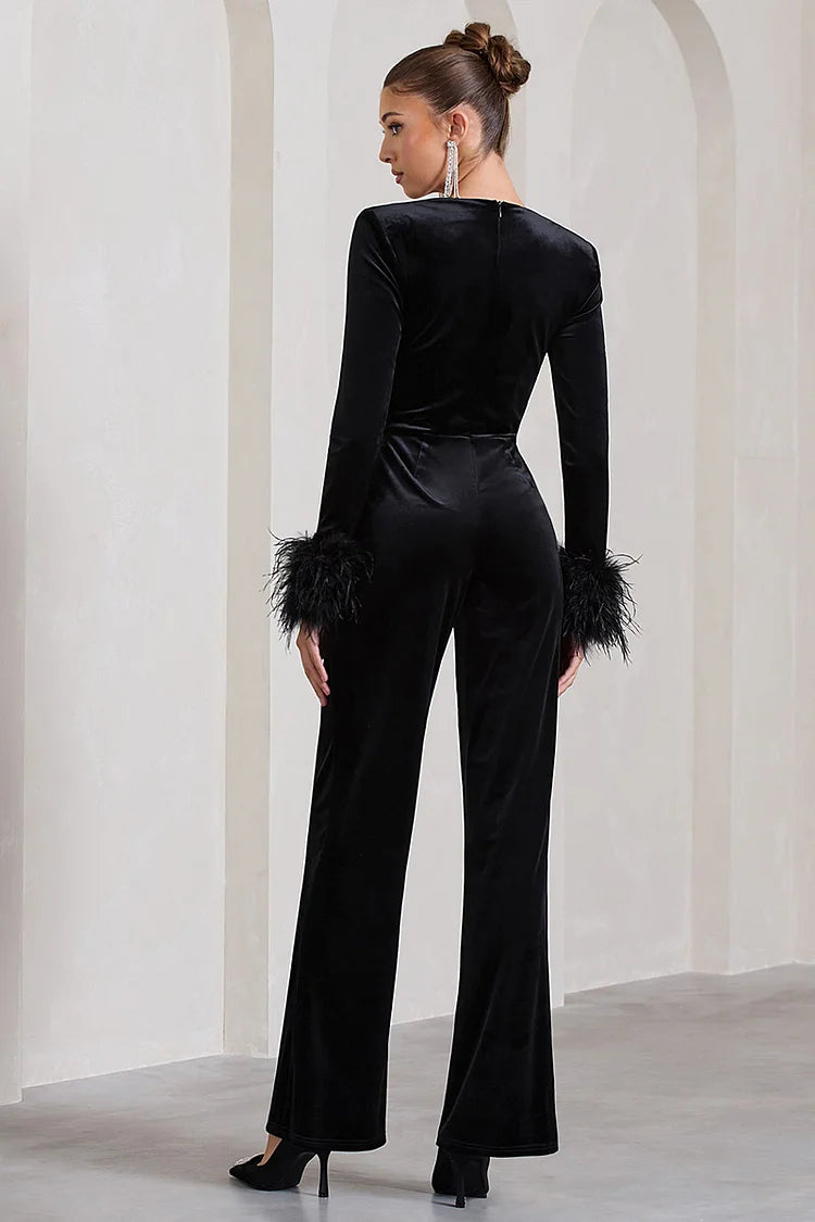 Long Sleeve Feather Cuff Cinch Waist Straight Leg Velvet Jumpsuit-Black