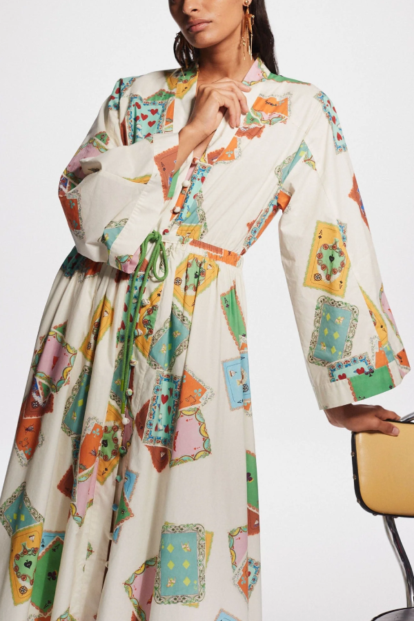 Poker Card Print Tie-Waist Long Shirt Dress