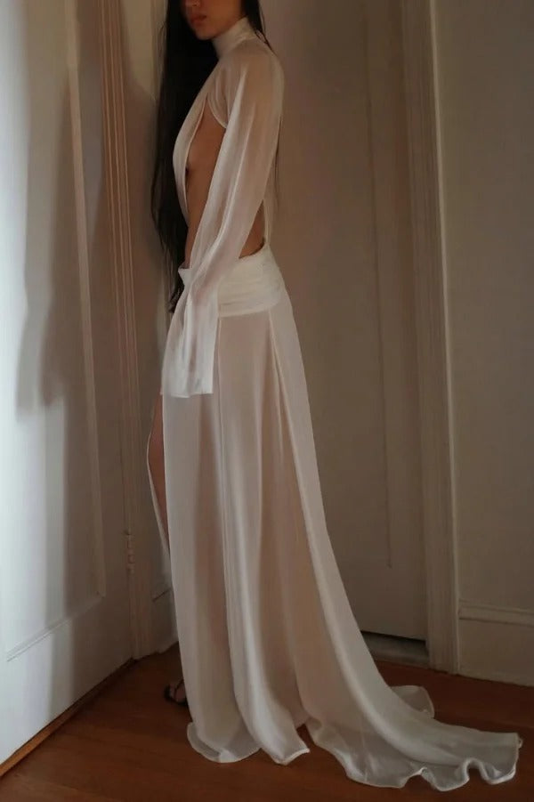 Sexy See-through High-neck Long-sleeved Draped Top and High-waisted Slit Maxi Skirt Vacation Set