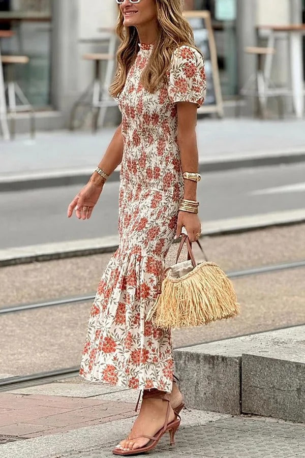 Botanical Floral Print Crew Neck Puff Sleeve Pleated Maxi Dress