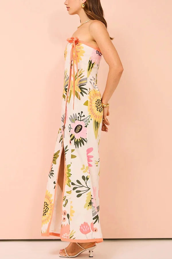 Inessa Linen Blend Floral Print Strapless Wrap Bow Maxi Dress