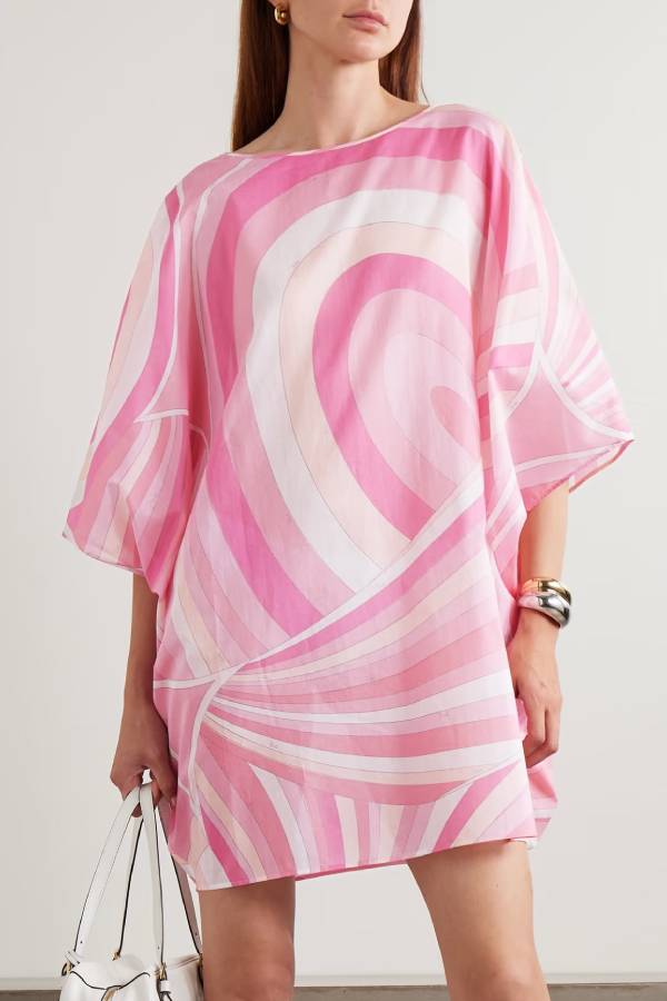 1970s Inspired Chiffon Unique Print Half Sleeve Kaftan Loose Mini Dress