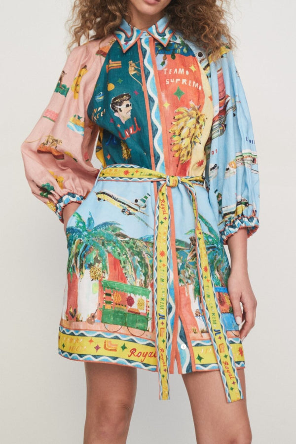 Linen Blend Unique Print Balloon Sleeve Belted Pocket Shirt Mini Dress