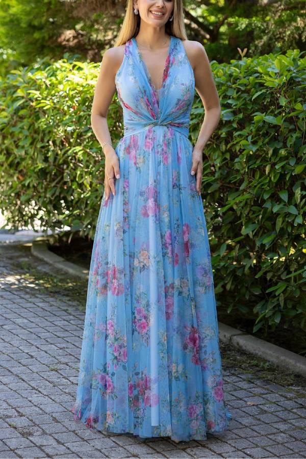 Autumn Romantic Floral Tulle Twist Detail Backless Slit Formal Maxi Dress