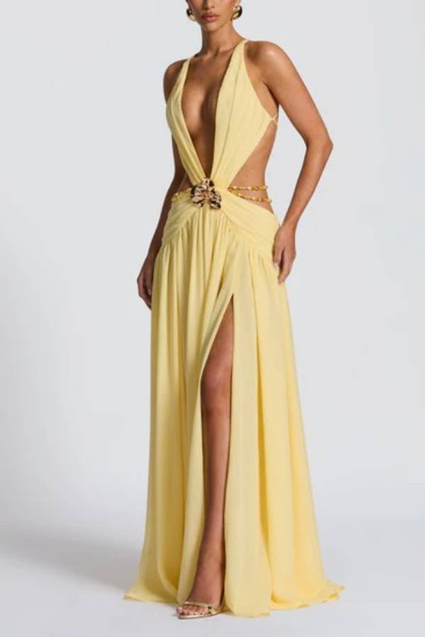 Kinara Leopard Print Deep V-neck Metal Flower Hollow Beads Detail Slit Maxi Dress