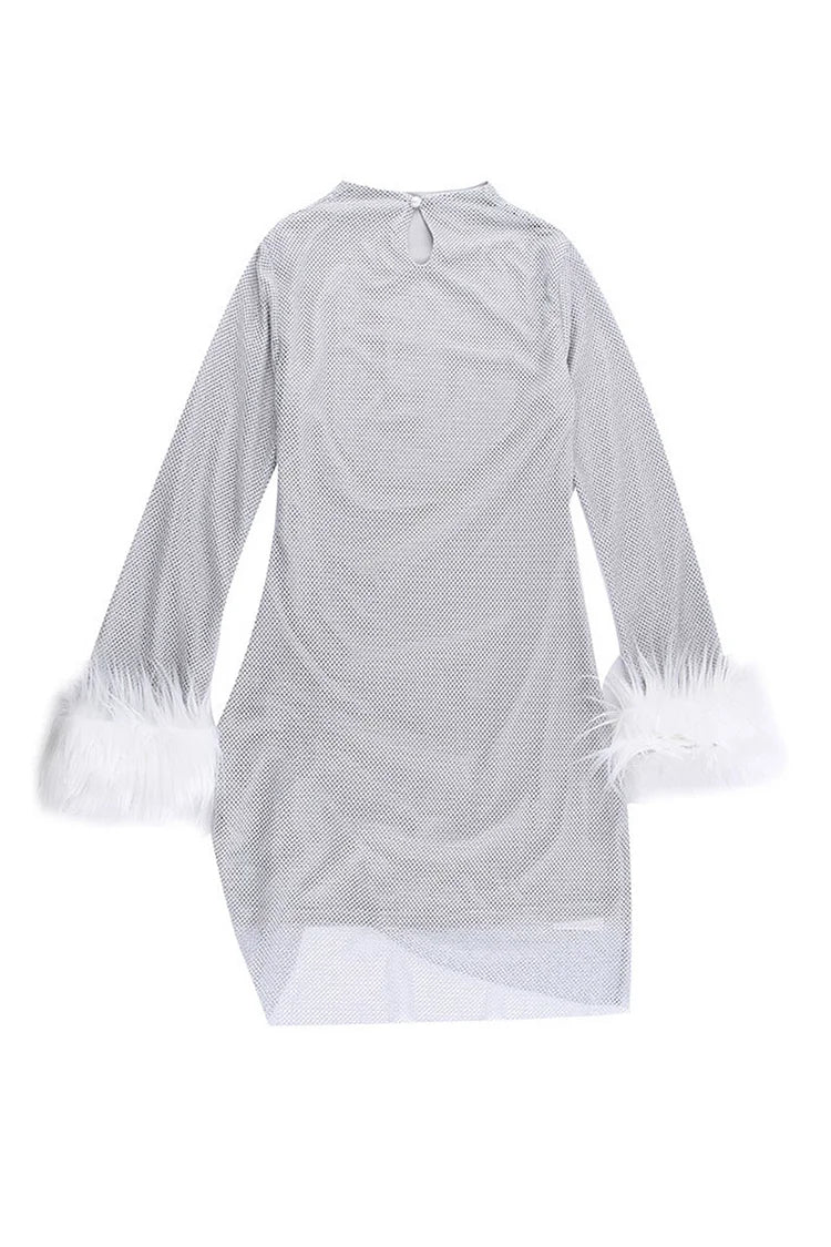 Long Sleeve Feather Cuff Mesh Ruched Party Mini Dresses