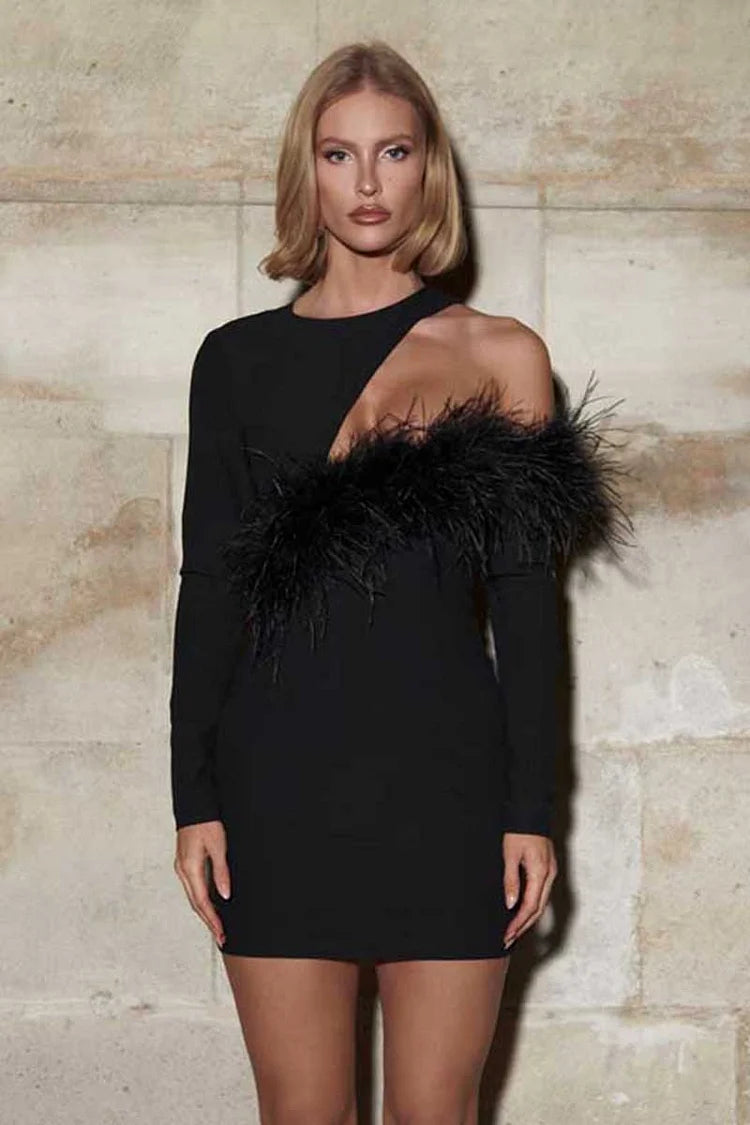 Asymmetric Feather Cut Out One Shoulder Long Sleeve Mini Dresses-Black