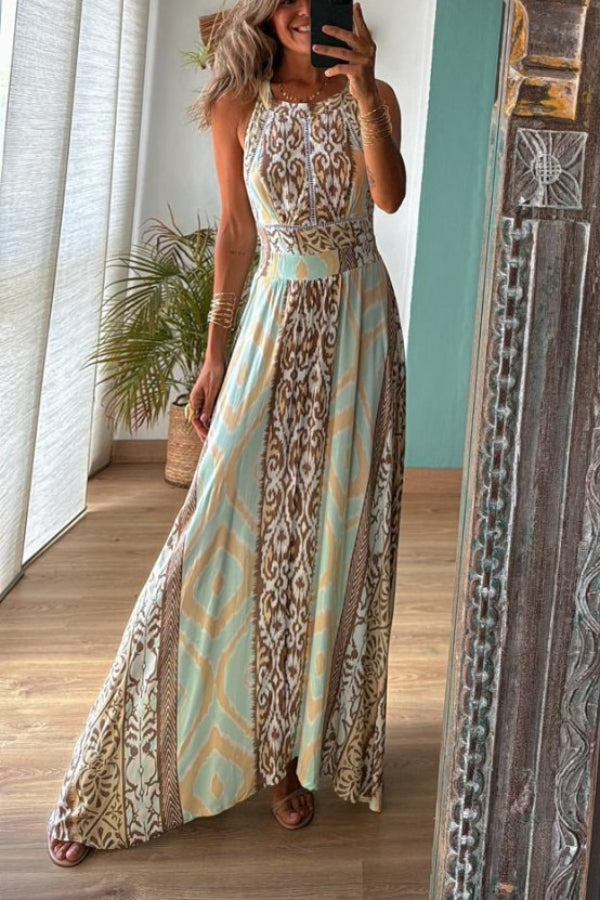 Kalena Unique Color Block Print Halter Elastic Waist Tie-Up Maxi Dress