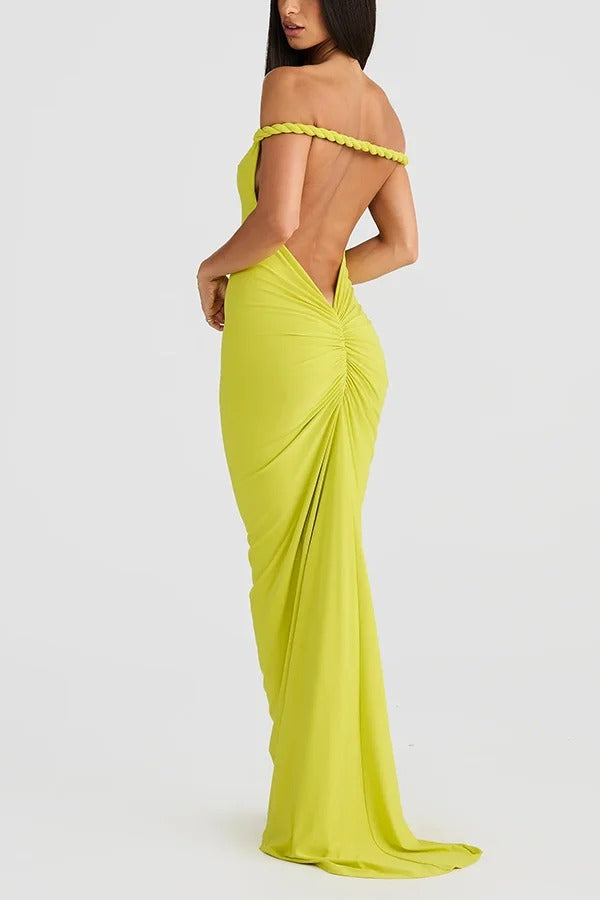 Sexy Halter Neck Open Back Ruched Slim Fit Maxi Dress