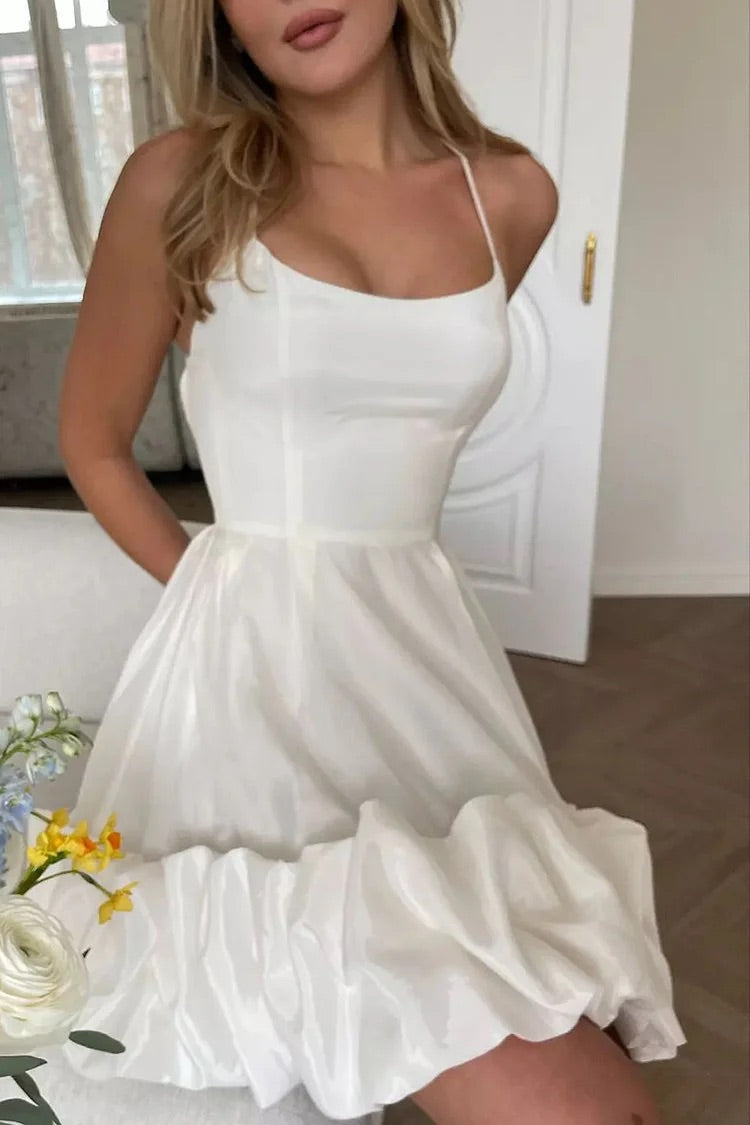 Cross Cami Ruffle Hem Boat Neck Backless A-line Wedding Party Mini Dress