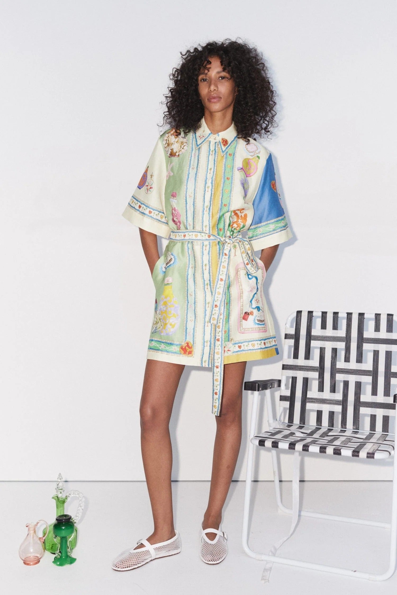 Deva linen blend unique print bell sleeve belted pocket shirt mini dress