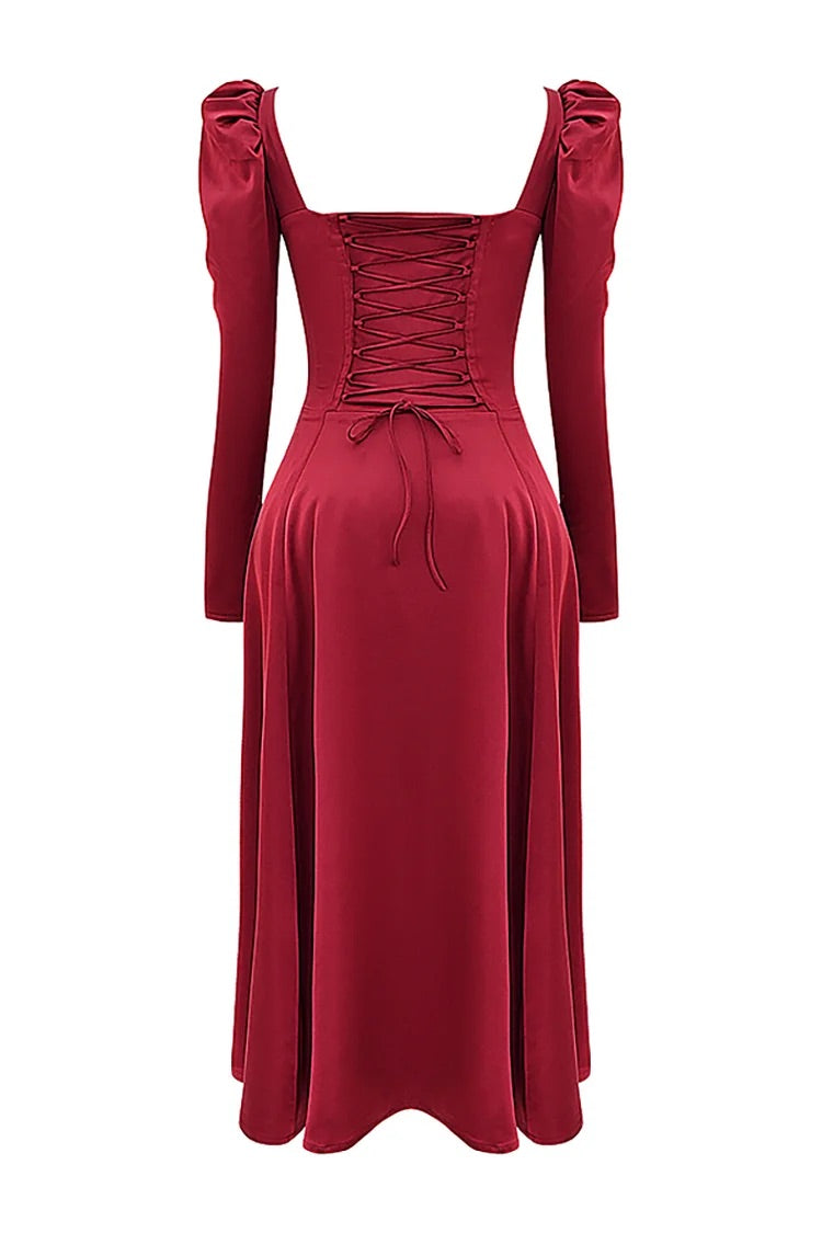 Lace Up Corset Puffy Long Sleeve Slit Satin Midi Dresses-Red