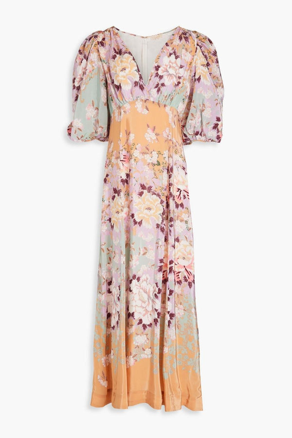 Best Garden Party Satin Colorful Floral Print Puff Sleeve Maxi Dress