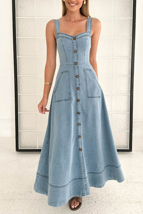 Solid Color Suspender Pocket Button Slim Denim Midi Dress