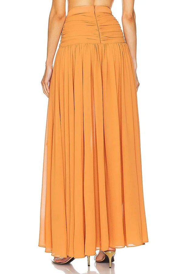 Vacation Chic Chiffon High Rise Flowy Asymmetrical Drape Maxi Skirt Set