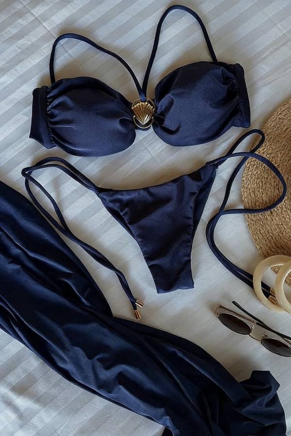 Metal Shell Straps Elastic Bikini and Slit Cover-up Dress Three-piece Set