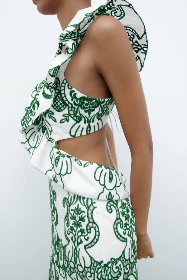 V-neck Hollow Embroidered Open Back Ruffled Long Dress