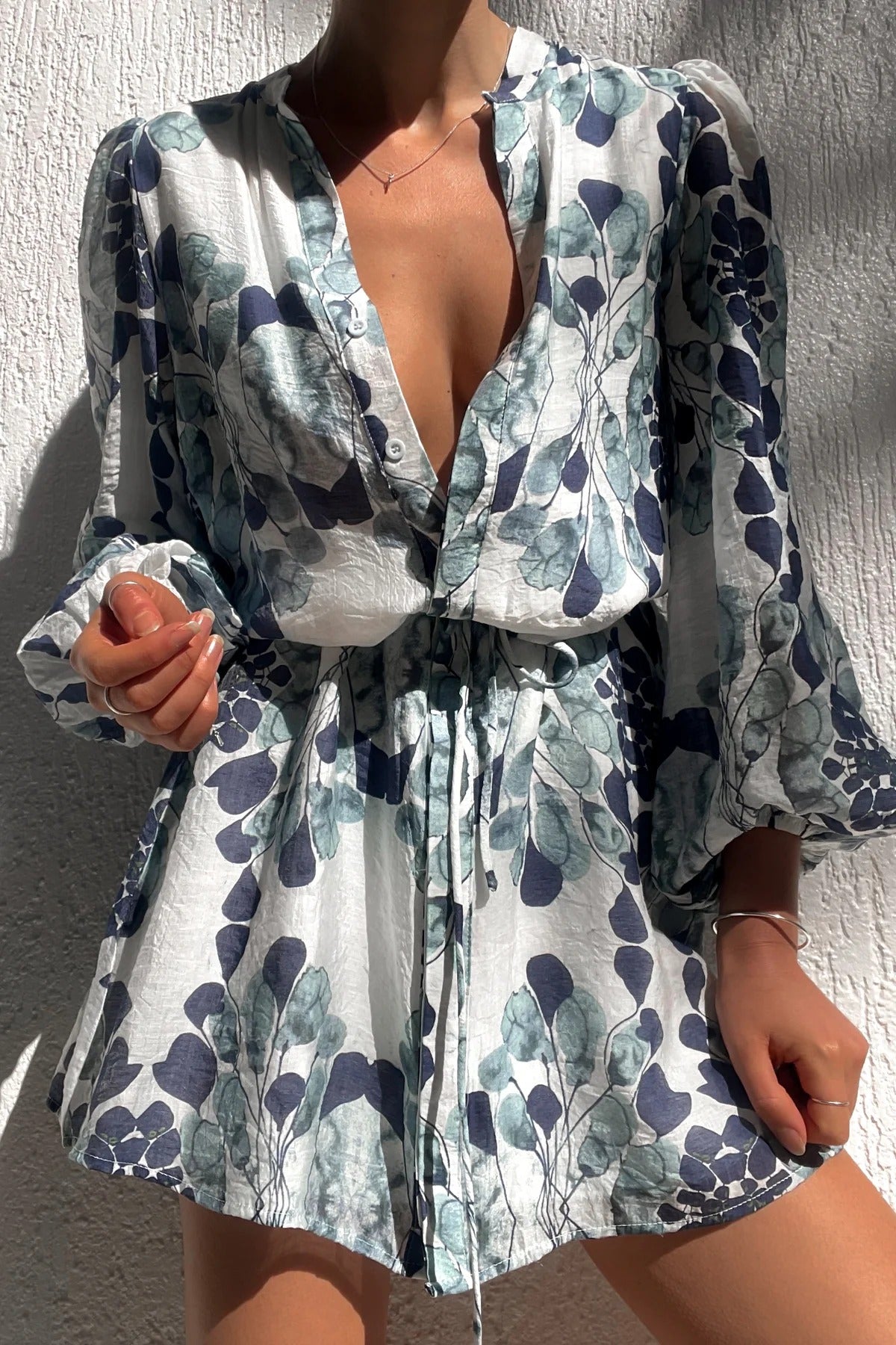 Lilianna Unique Floral Print Button Balloon Sleeve Tiered Loose Mini Dress