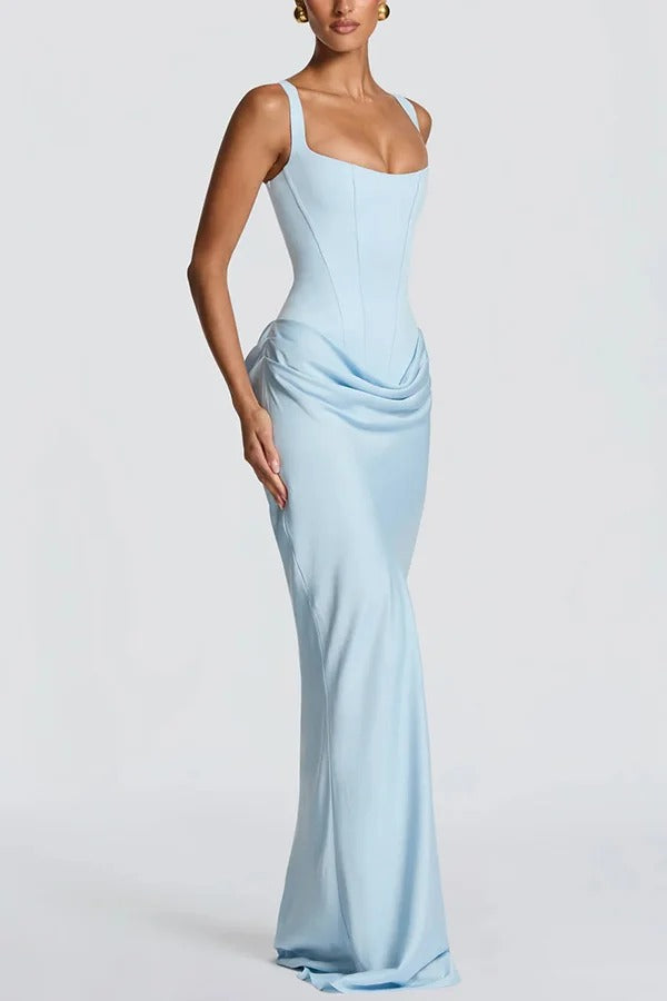 Larrah Square Neck Back Lace-up Satin Drape Hem Maxi Dress