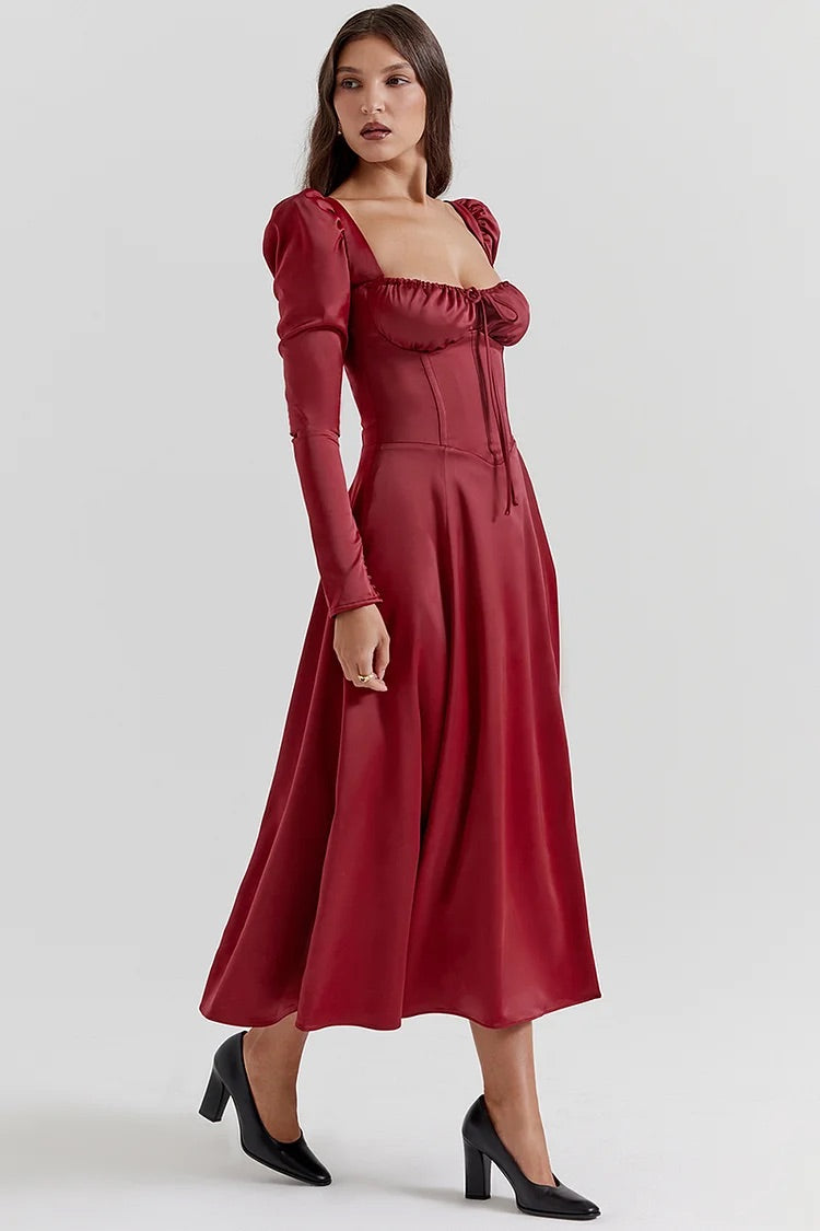 Lace Up Corset Puffy Long Sleeve Slit Satin Midi Dresses-Red