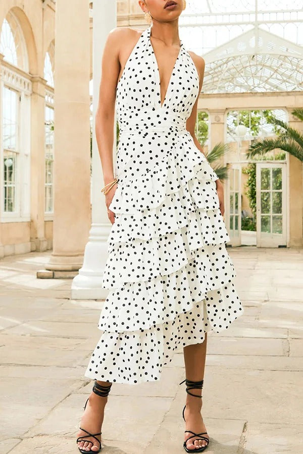 Violet Polka Dot Print Layered Ruffles Halter Tie-up Midi Dress
