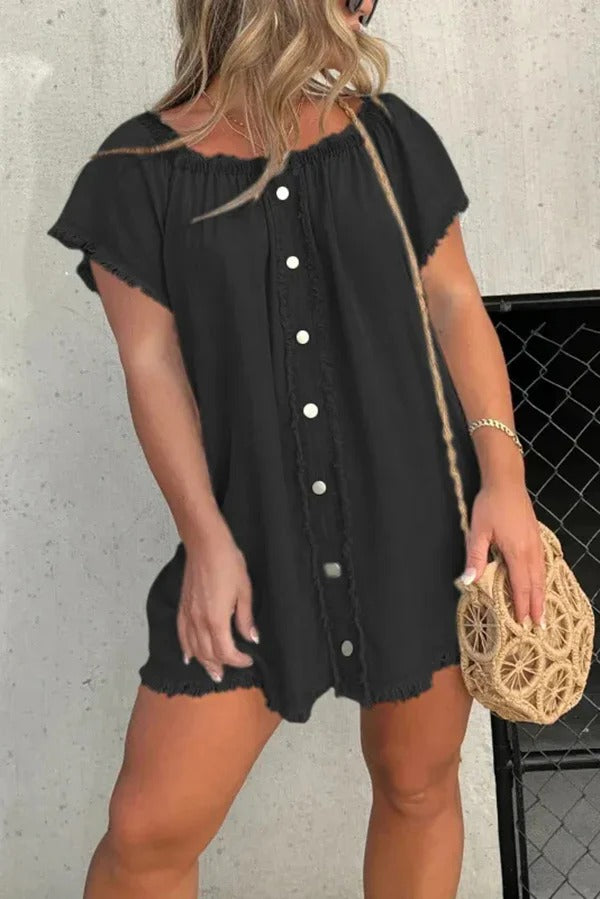 Fashionable Off Shoulder Short-sleeved Loose Denim Mini Dress