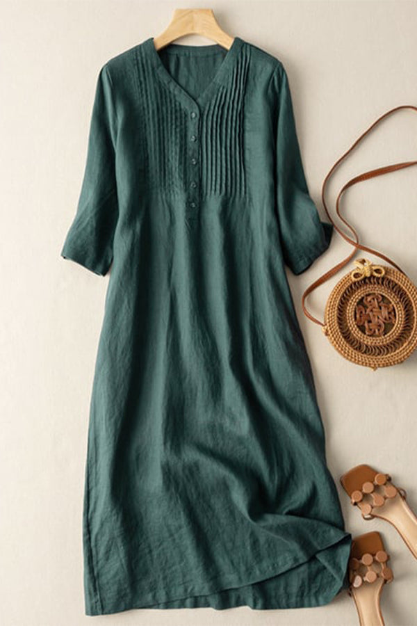 Cotton And Linen V-Neck Pleated Loose Dress