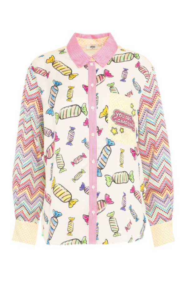 Joyful Fun Look Satin Candy Print Button Down Pocket Oversized Blouse