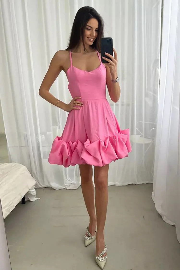 Cross Cami Ruffle Hem Boat Neck Backless A-line Wedding Party Mini Dress