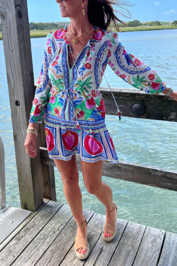 Resort Beach Floral Unique Print Balloon Sleeve Lace Up Mini Dress