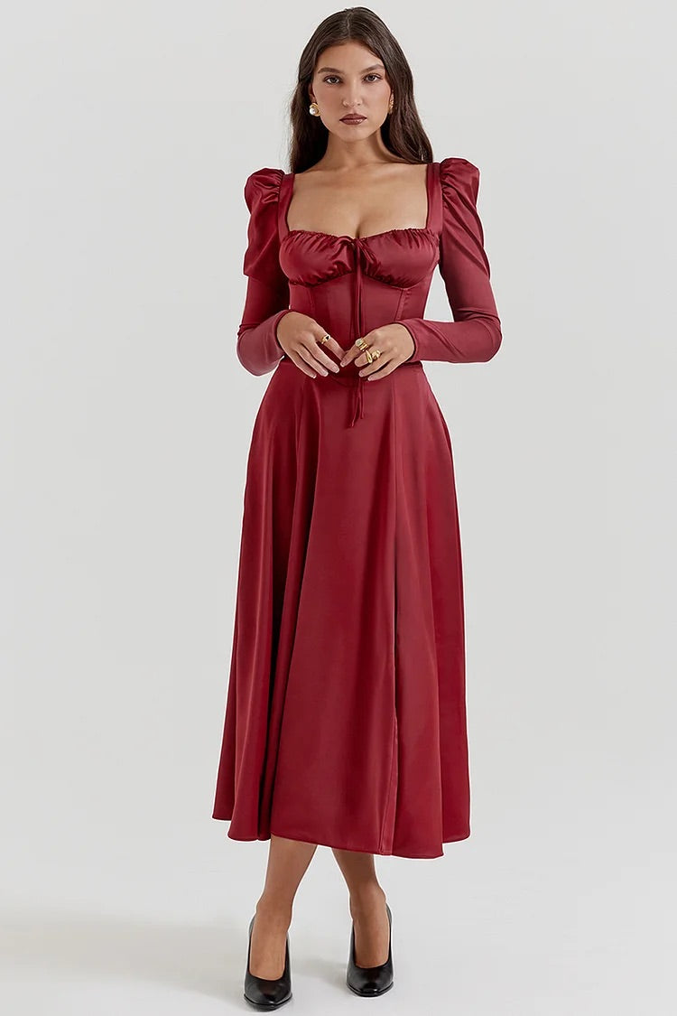 Lace Up Corset Puffy Long Sleeve Slit Satin Midi Dresses-Red