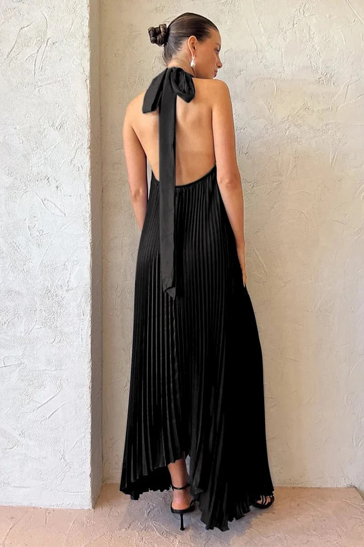 Halter Tied Up Cutout Neck Pleated Backless Asymmetric Hem Wedding Guest Maxi Dresses