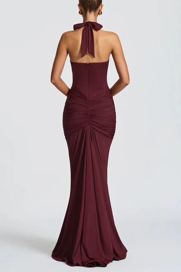 Solid Color Elegant Halterneck V-neck Open Back Tie Gathered Maxi Dress