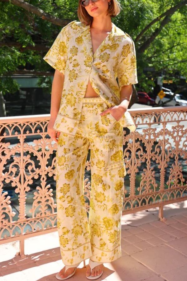 Sunny Floral Print Lapel Oversized Shirt And Pocket Pants Set