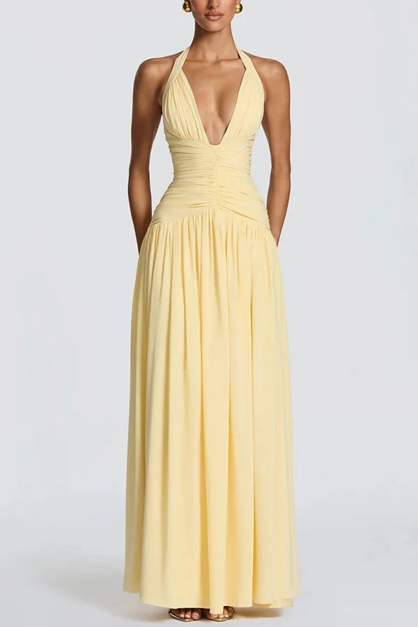 Amaris Halter Tie-up V-neck Ruched Detail Back Lace-up Slit Drape Maxi Dress